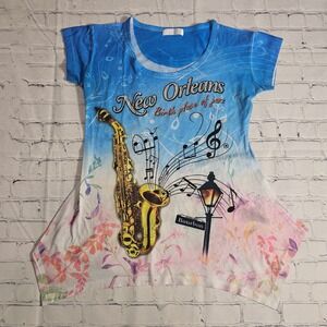 New Orleans Jazz Saxophone Rhinestone Ombre Sharkbite Tunic Top Blue Large